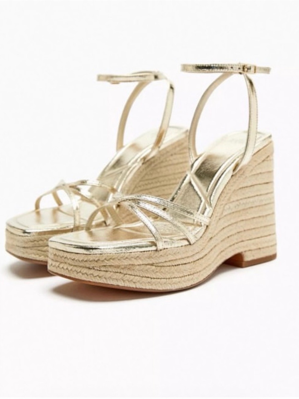 Zara Gold Metallic Espadrille Wedge Sandals with Ankle Strap